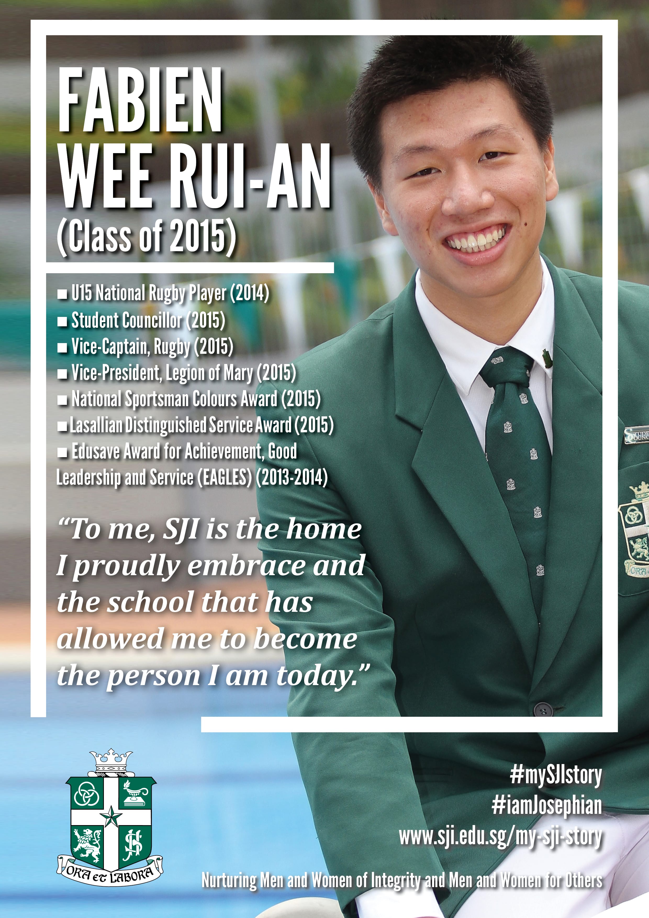 Smiling student in green blazer and tie beside text: Fabien Wee Rui-An (Class of 2015) and achievements.